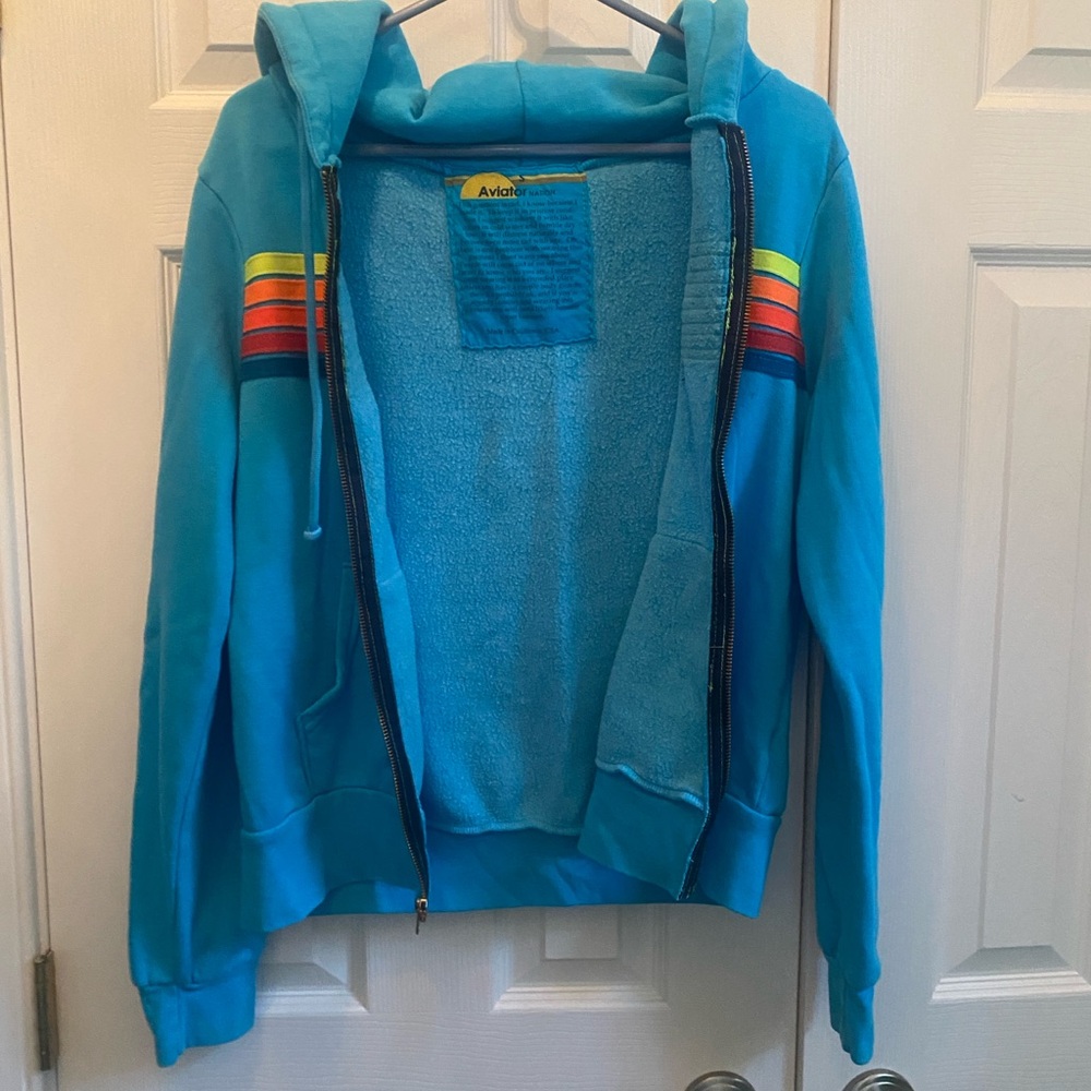 Aviator Nation Blue Hoodie with Colorful Stripes